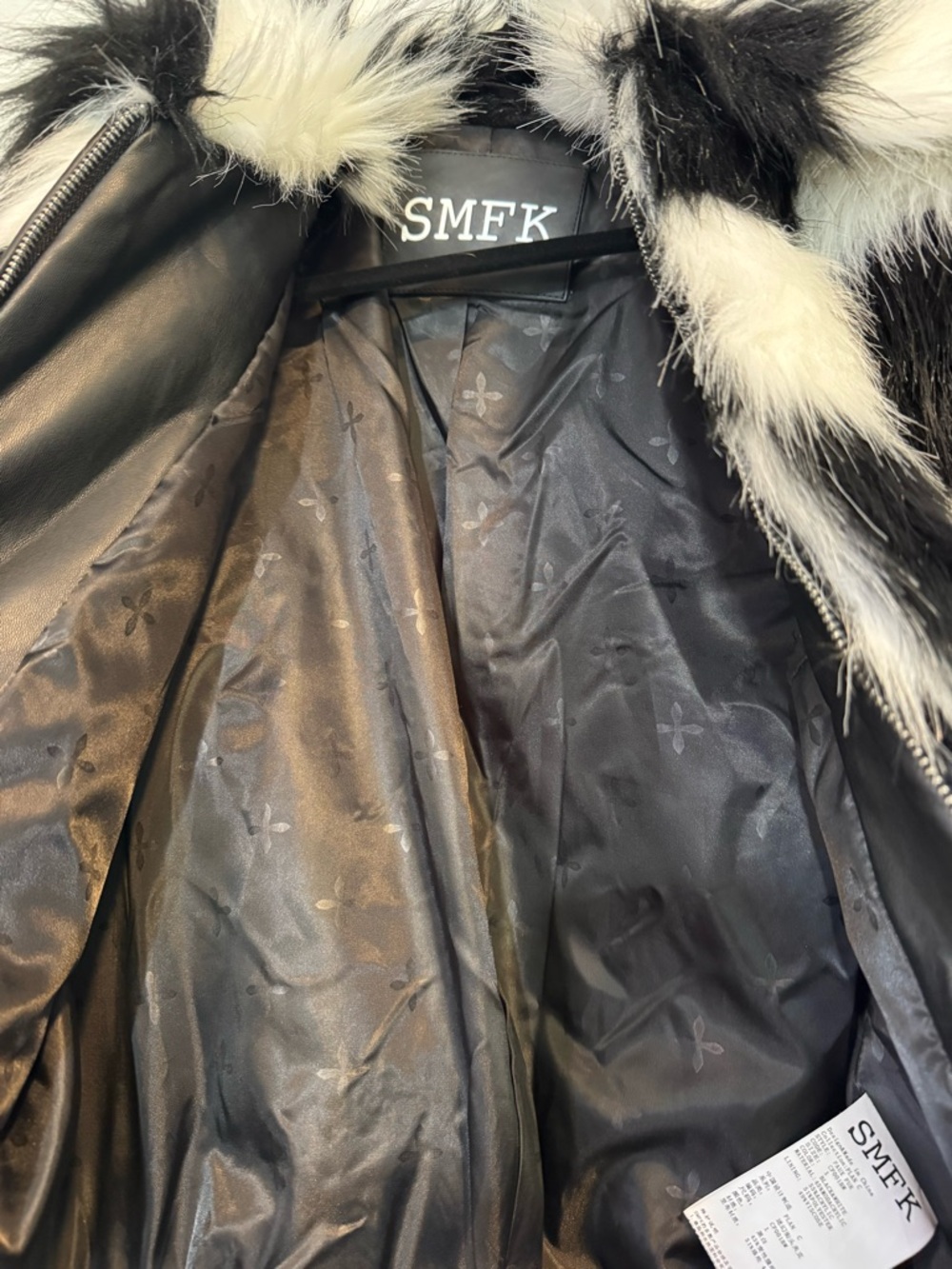 SMFK Plan C Checkered Faux Fur Bomber Jacket Black White Size 1 - Picture 9 of 13